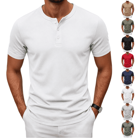 Longantii Men's Button-Up Henley Shirt Soft Stretch Casual Short Sleeve Tops Summer Breathable Lightweight V Neck Tees Plain Relaxed Fit Pullover Tops