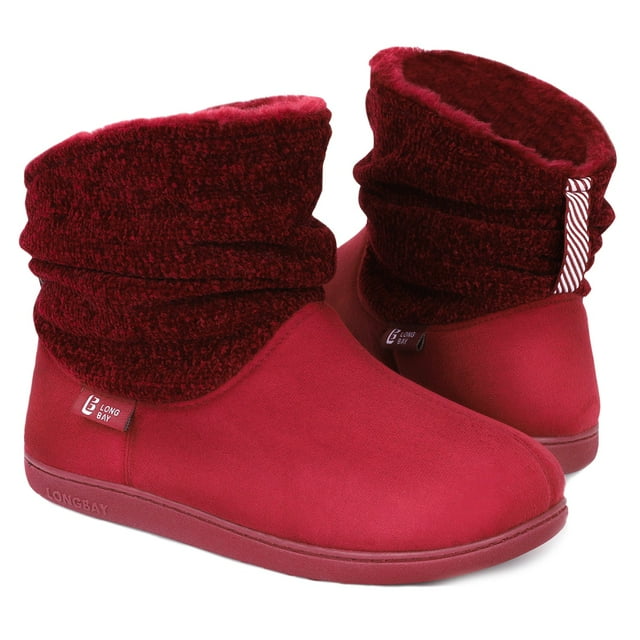 Longbay Women's Winter Warm Chenille Knit Bootie Slippers Comfy Suede Fluffy Faux Fur Memory Foam Boots House Shoes