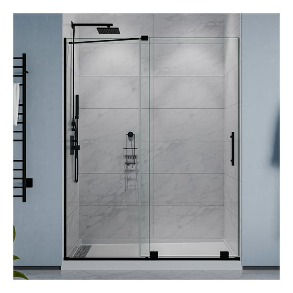 Longboat Series 60 in. x 76 in. H Sliding Semi-Frameless Shower Door in Matte Black with Tsunami Guard Tempered Glass