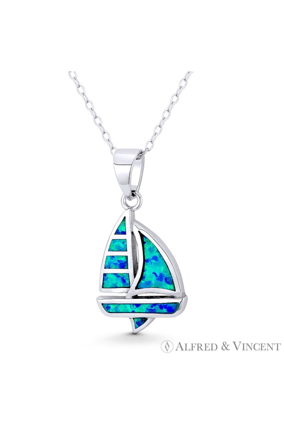 Longbow Sailboat Seafarer Charm Created Opal 28x14mm (1.1x0.6in) Pendant & Chain Necklace in .925 Sterling Silver w/ Rhodium