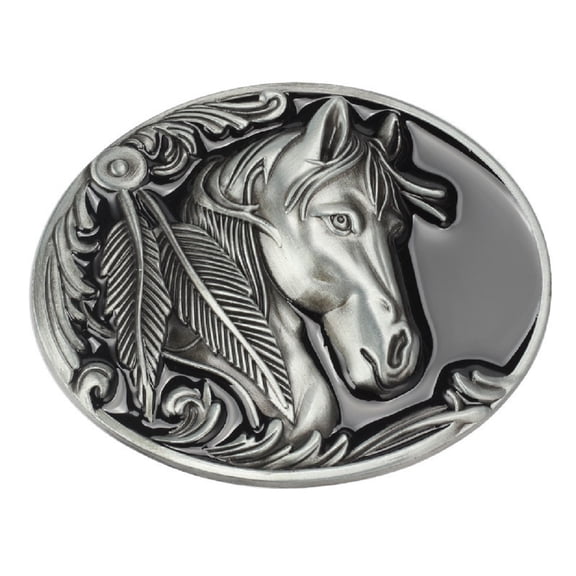 Longcreek Horse Belt Buckle for Men, Norse Viking Horse Head Oval Belt Buckle, Punk Horse Engraved Feather Leaf Belt Buckle, Western Cowboy Belt Buckle, Vintage Punk Rock Belt Buckle