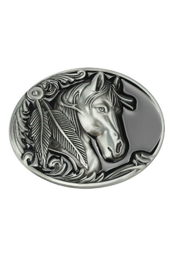 Horse Belt Buckle for Men, Norse Viking Horse Head Oval Belt Buckle, Punk Horse Engraved Feather Leaf Belt Buckle, Western Cowboy Belt Buckle, Vintage Punk Rock Belt Buckle