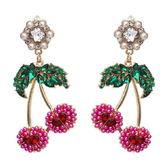 LongcreekX Cherry Earrings for Women, Cute Fruit Cherry Earrings, Beaded Pearl Cherry Dangle Earrings Hypoallergenic, Green Leaf Cherry Drop Earrings, Tropical Cherry Earrings