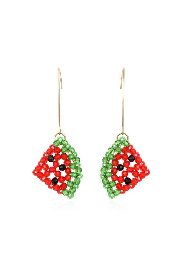 Watermelon Earrings for Women, Cute Fruit Watermelon Slice Earrings, Handmade Braided Beaded Watermelon Dangle Earrings Hypoallergenic, Tropical Watermelon Drop Earrings
