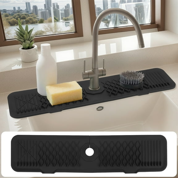 Longer Faucet Mat for Kitchen Sink Splash Guard, Kitchen Sink Mat,  Kitchen Sink Splash Guard, Kitchen Sink Area Behind Faucet Mat Black 24.0*5.7 inch