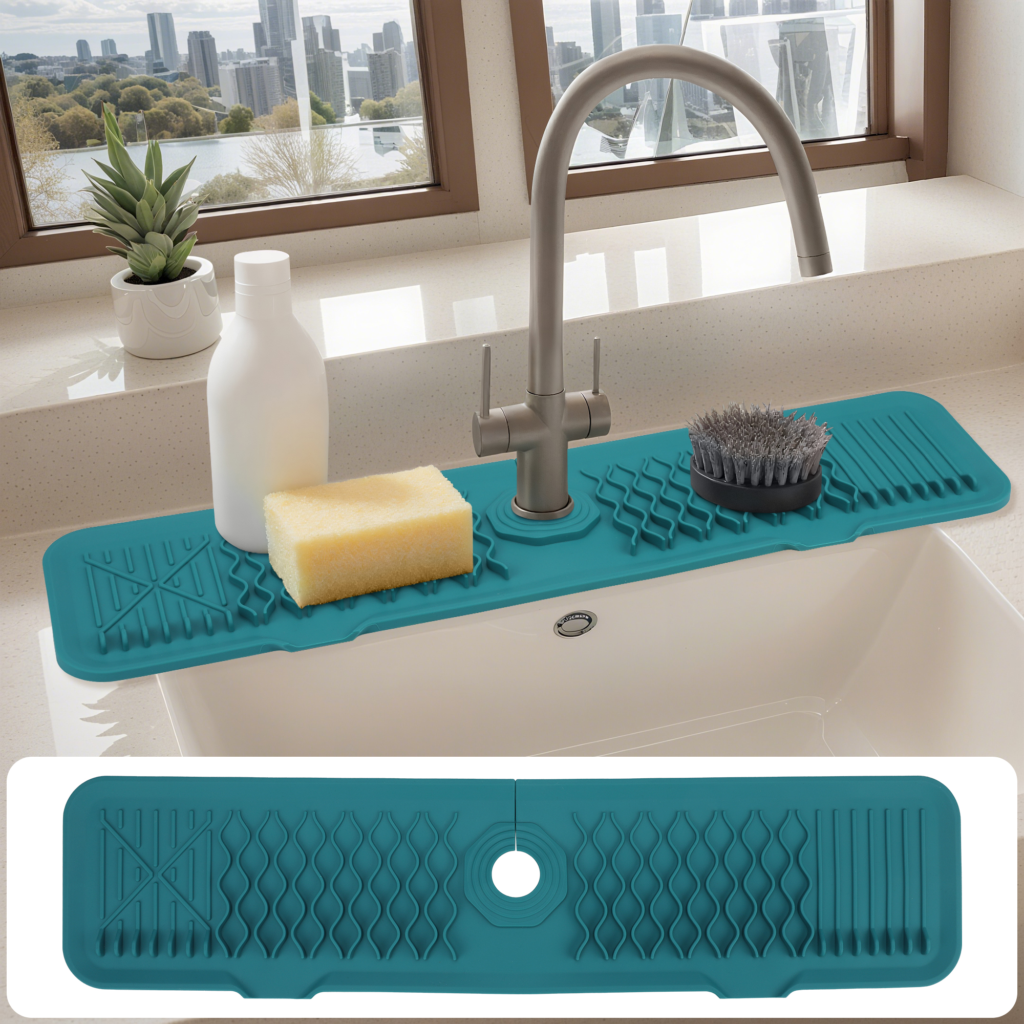 Longer Faucet Mat for Kitchen Sink Splash Guard, Kitchen Sink Mat,  Kitchen Sink Splash Guard, Kitchen Sink Area Behind Faucet Mat Green 24.0*5.7 inch