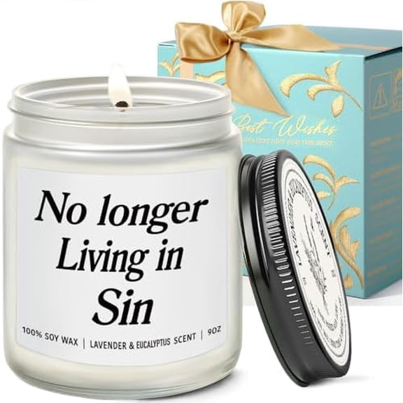 No Longer Living in Sin Candle Wedding Gifts for Newlyweds, Engagement Gifts for Couples Newly Engaged, Funny Couples Gift, Bride and Groom Gift, Wedding Candles Lavender Eucalyptus 9OZ