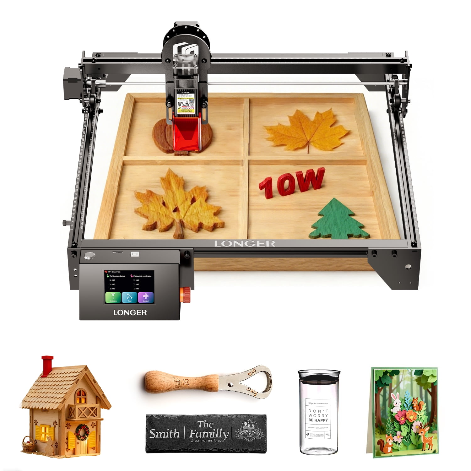 Longer RAY5 10W Laser Engraving Machine with 3.5 Inch Touch Screen, 60W DIY laser cutting machine for custom design, laser engraving machine for wood and metal, acrylic, leather, glass, etc.