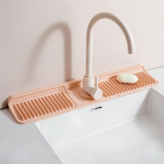 Longer Silicone Faucet Mat for Kitchen Sink  Button Style Faucet Drip Catcher & Leak-Proof Sink Splash Guard with 6 Slope, Behind Faucet Draining Mat,Gadgets for Bathroom (pink, large)