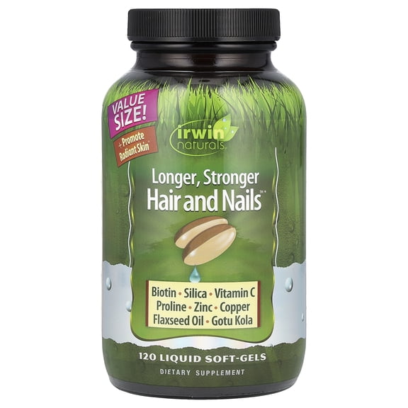 Irwin Naturals Longer, Stronger Hair and Nails - 120 Liquid Softgels - Promotes Vibrant Shine Texture & Strength - 60 Total Servings