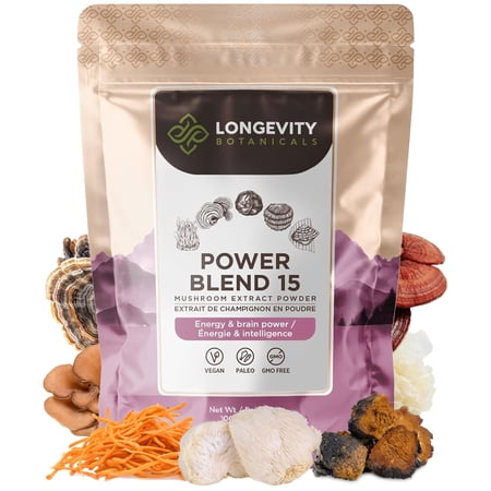 Longevity Botanicals Power 15 Blend Mushroom Supplement Powder (3.5 oz/100 Grams). Mushroom Complex