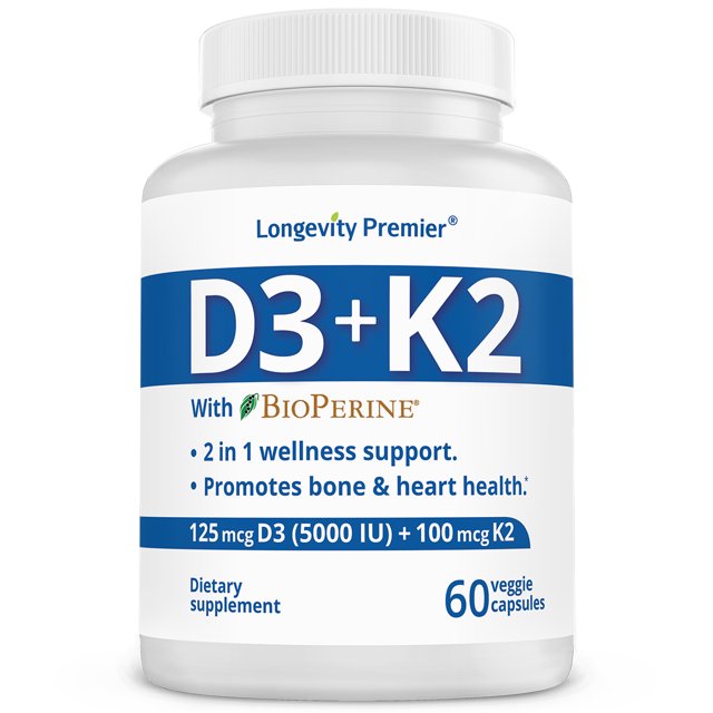 Longevity Vitamin D3+K2 with BioPerine Strengthen Bones, Boost