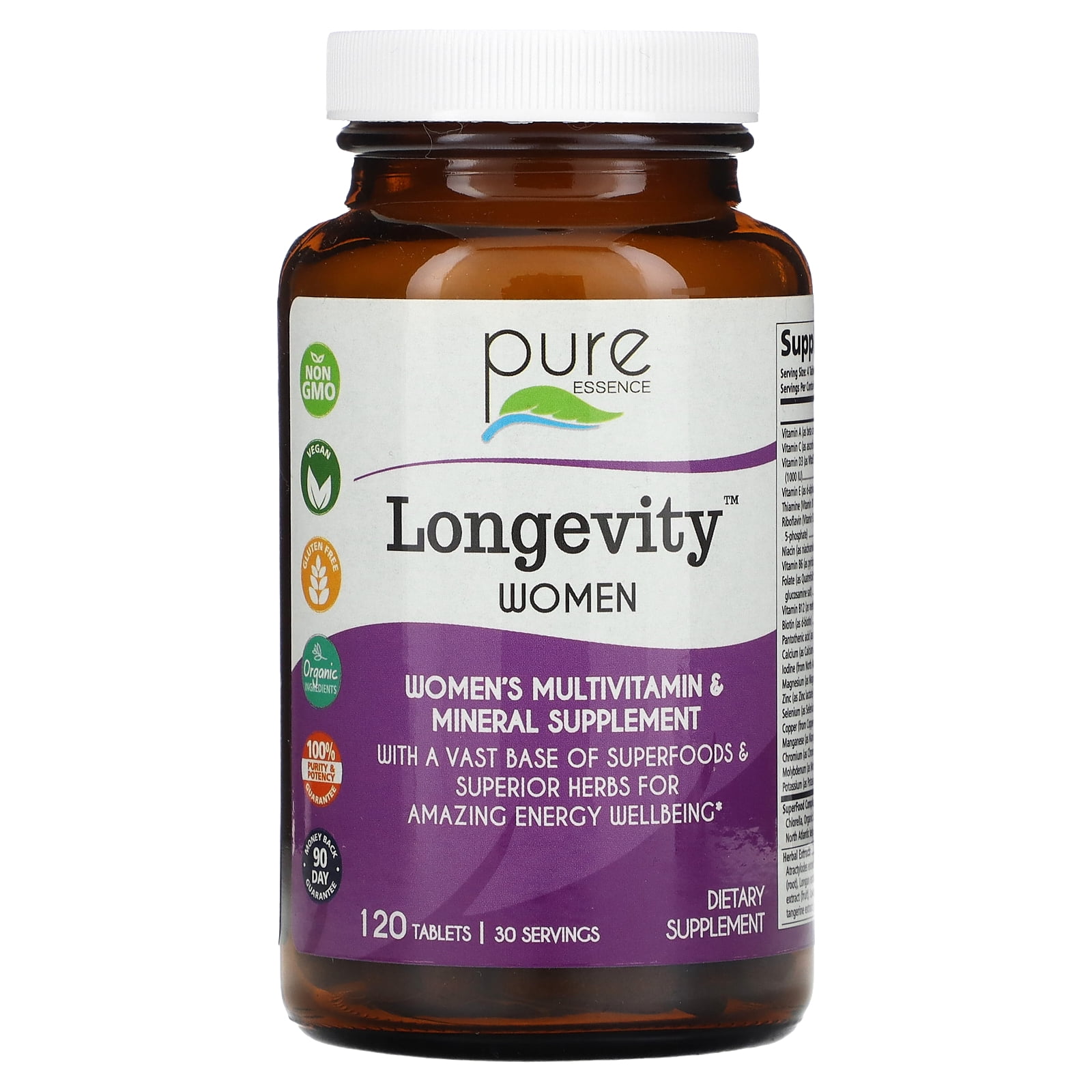 Longevity Women 50+ Multivitamin - Whole Food Supplement with Superfoods, Minerals, Enzymes, Vitamin D, D3, B12, Biotin by Pure Essence - 120 Tablets