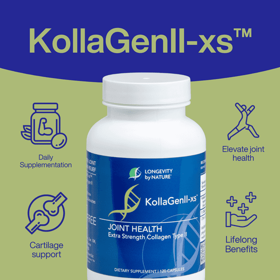 Longevity by Nature, KollaGen II-xs Collagen Type II, Hyaluronic Acid Supplements, 120 Capsules