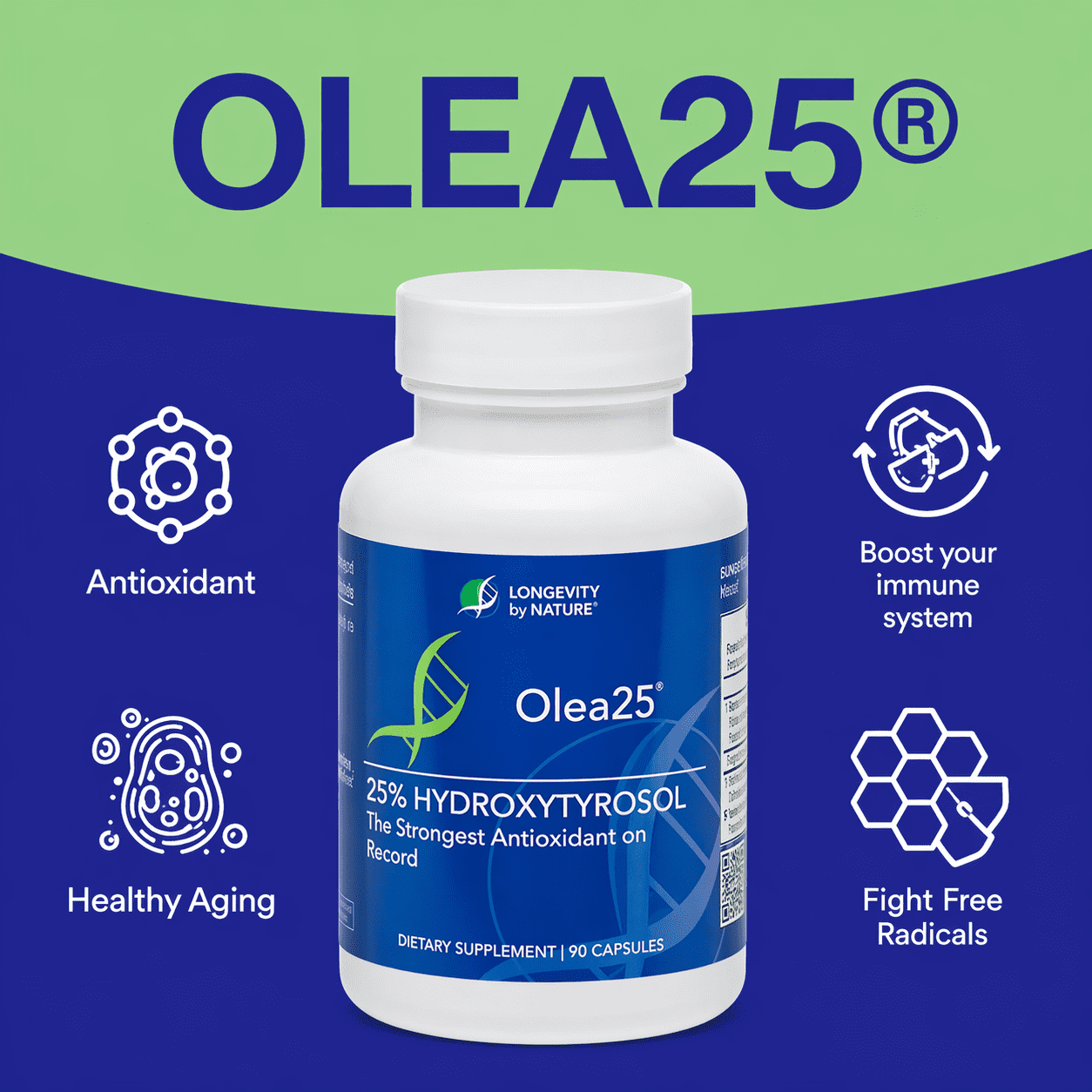 Longevity by Nature Olea25 Hydroxytyrosol Organic Olive Leaf 90ct