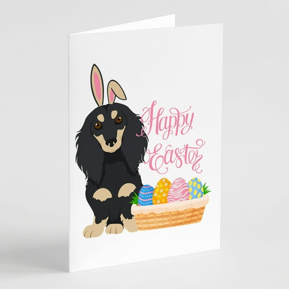 Longhair Black and Cream Dachshund Easter Greeting Cards and Envelopes Pack of 8 7 in x 5 in
