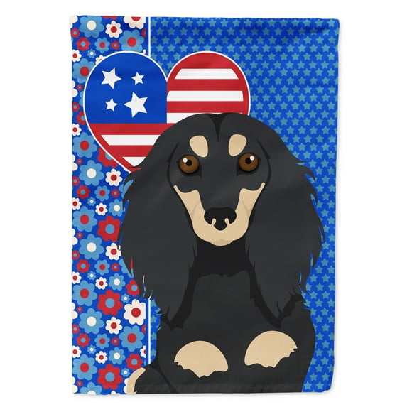Longhair Black and Cream Dachshund USA American Flag Garden Size
