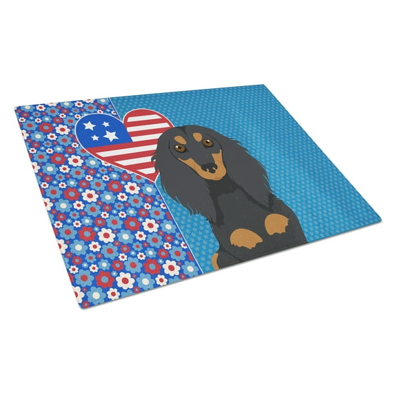 Longhair Black and Tan Dachshund Glass Cutting Board Large 12 in x 15 in