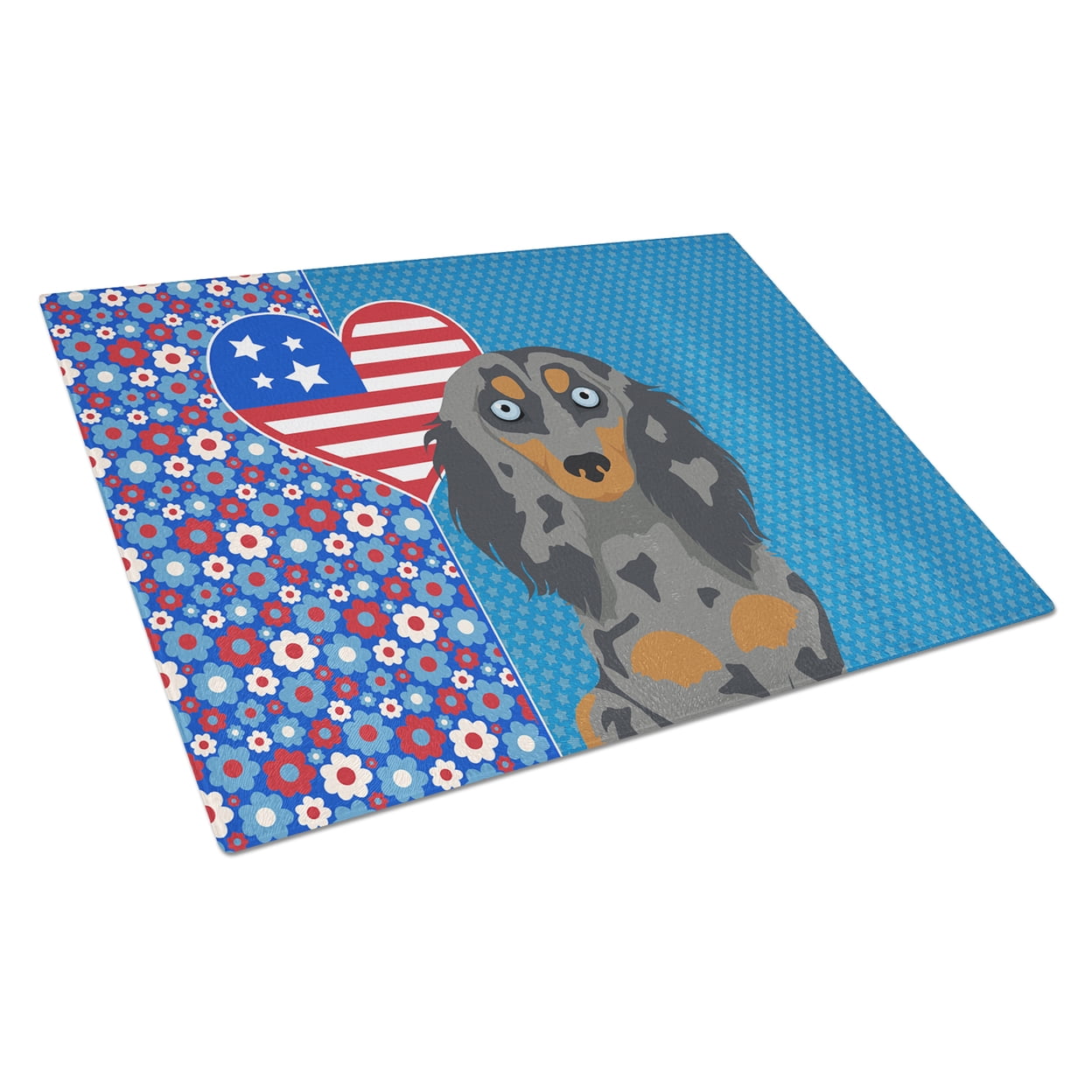 Longhair Blue and Tan Dapple Dachshund Glass Cutting Board Large 12 in x 15 in