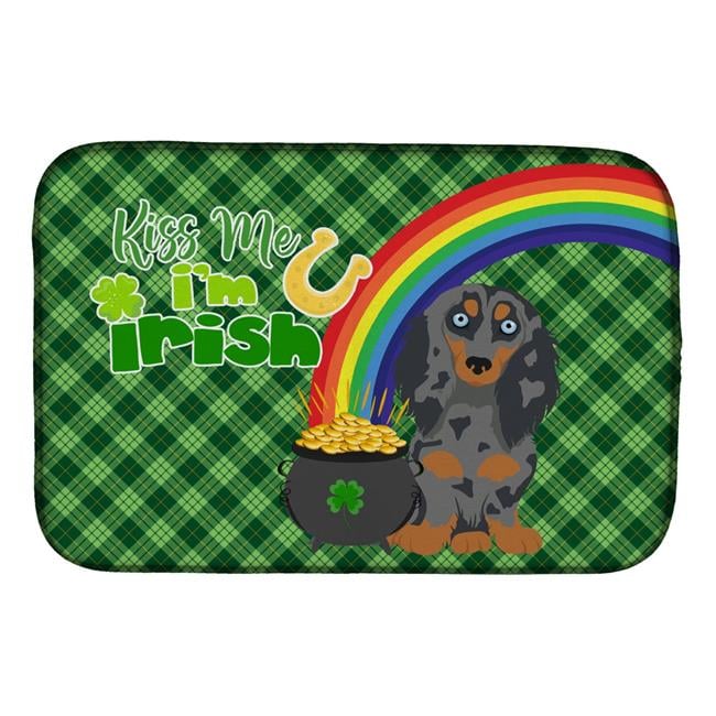 Longhair Blue and Tan Dapple Dachshund St. Patrick's Day Dish Drying Mat 14 in x 21 in