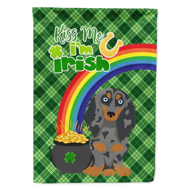 Longhair Blue and Tan Dapple Dachshund St. Patrick's Day Flag Garden Size 11.25 in x 15.5 in