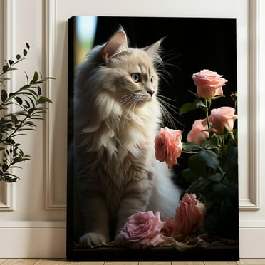 Longhair Cat and Rose   Animal Flowers Art Canvas Poster Canvas Print Wall Art Bedroom Room Aesthetics Decoration