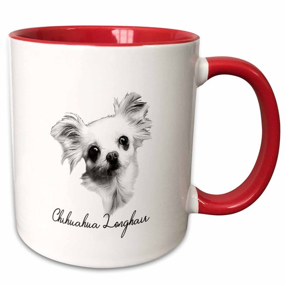 3drose, Longhair Chihuahua Dog Portrait in Black and White. Dog Breed Gift, 15oz Two-tone Red Mug