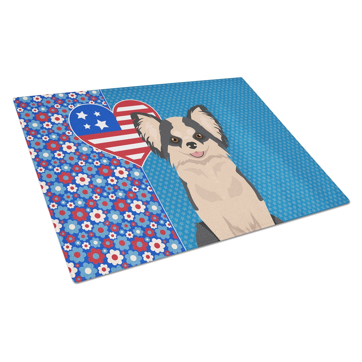 Longhaired Black and White #2 Chihuahua Glass Cutting Board Large 12 in x 15 in