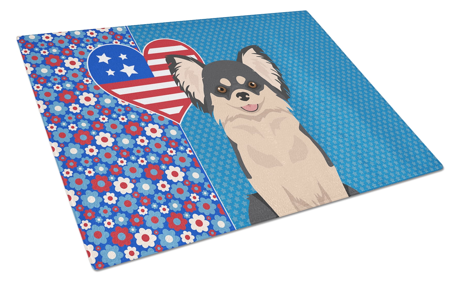 Longhaired Black and White Chihuahua Glass Cutting Board Large 12 in x 15 in
