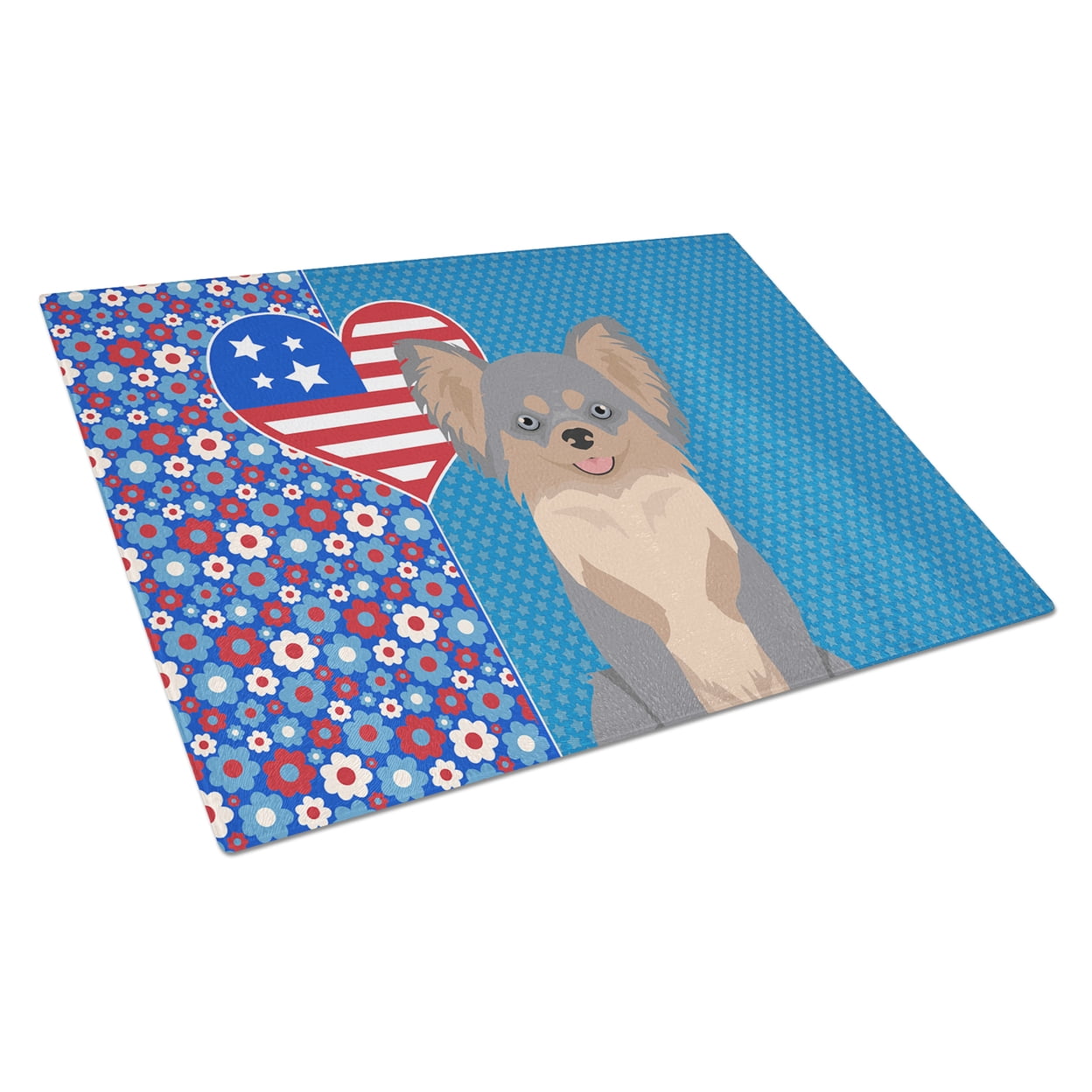 Longhaired Blue and Tan Chihuahua Glass Cutting Board Large 12 in x 15 in