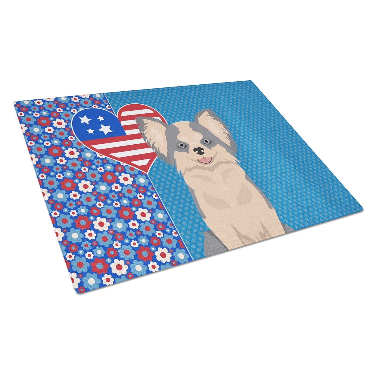 Longhaired Blue and White Chihuahua Glass Cutting Board Large 12 in x 15 in