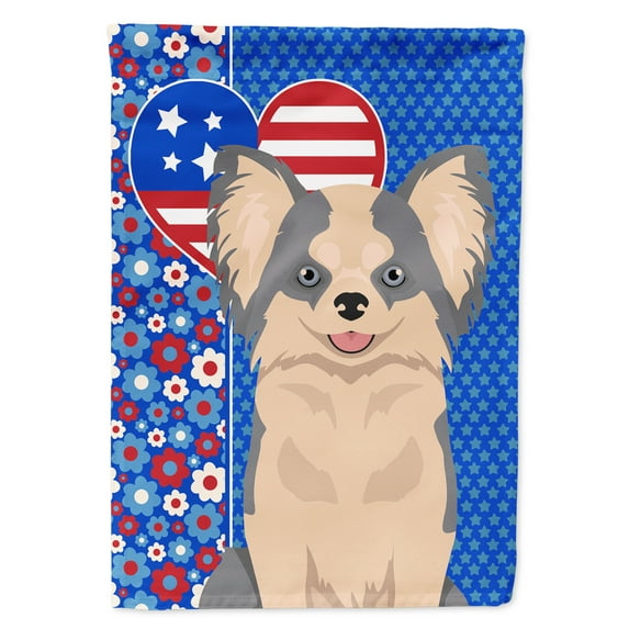 Longhaired Blue and White Chihuahua USA American Flag Canvas House Size