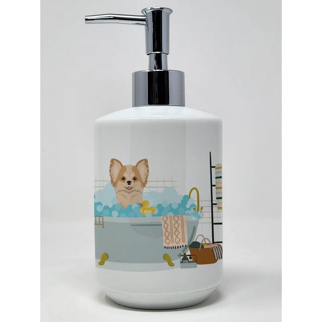 Longhaired Gold and White Chihuahua Ceramic Soap Dispenser