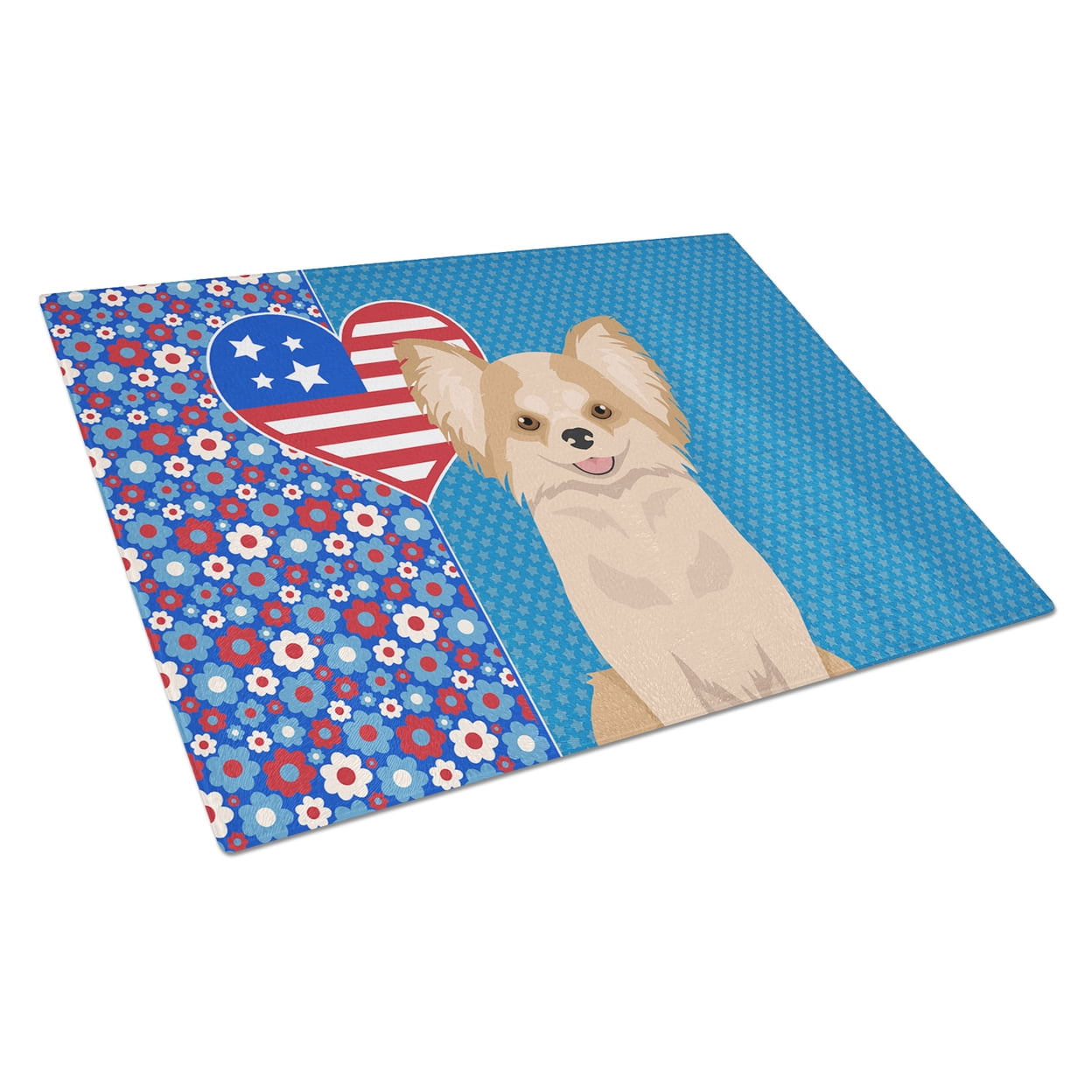 Longhaired Gold and White Chihuahua Glass Cutting Board Large 12 in x 15 in