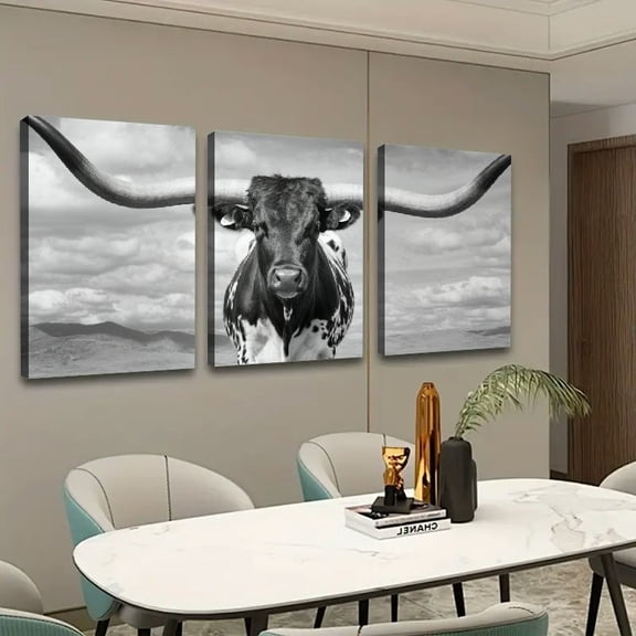 Longhorn Black and White Triptych Canvas Prints Wall Art 16x24in 3pc With Frame for Home Decor 16x24x3pcs