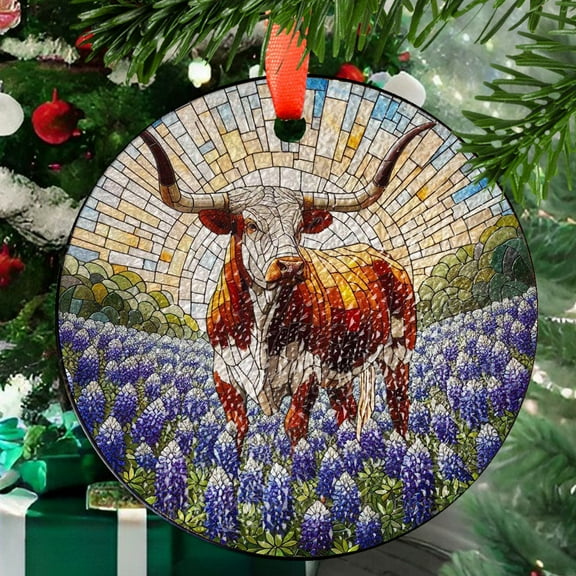 Longhorn and Bluebonnets GLASS Suncatcher Hanging, Texas Bluebonnet Window hanging, Longhorn suncatcher hanging, housewarming gift, Ornament 2025, Holiday 2025, Seasonal Holiday