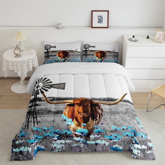 Longhorn Bull Bedding Set Garden Windmill Quilt King,Teal Jungle Flowers Comforter Set Farm Pinwheel Winnower Duvet Insert,Highland Cow Cattle Western Animals Country Rustic Home Decor
