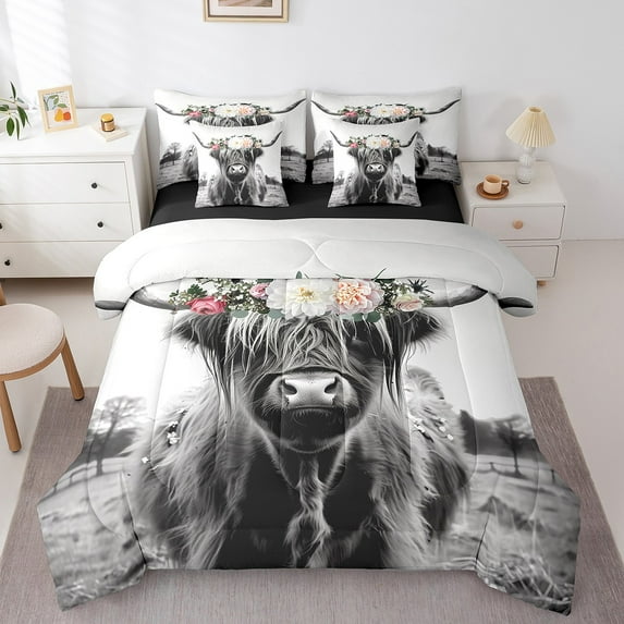 Longhorn Bull King Comforter Set - 7 Pieces Bed in a Bag Western King Bedding Comforter Sets,Farmhouse Wild Farm Animals Comforter with Fitted Sheets,Flat Sheets,Pillowcases & Shams