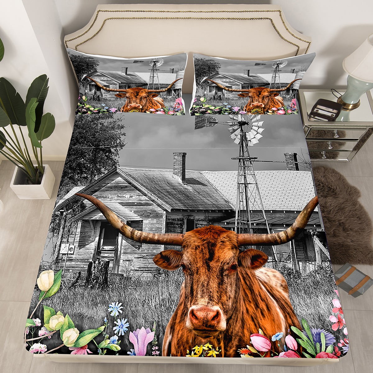 Longhorn Bull Twin Bed Sheets for Boys,Highland Cow Bedding Set Garden