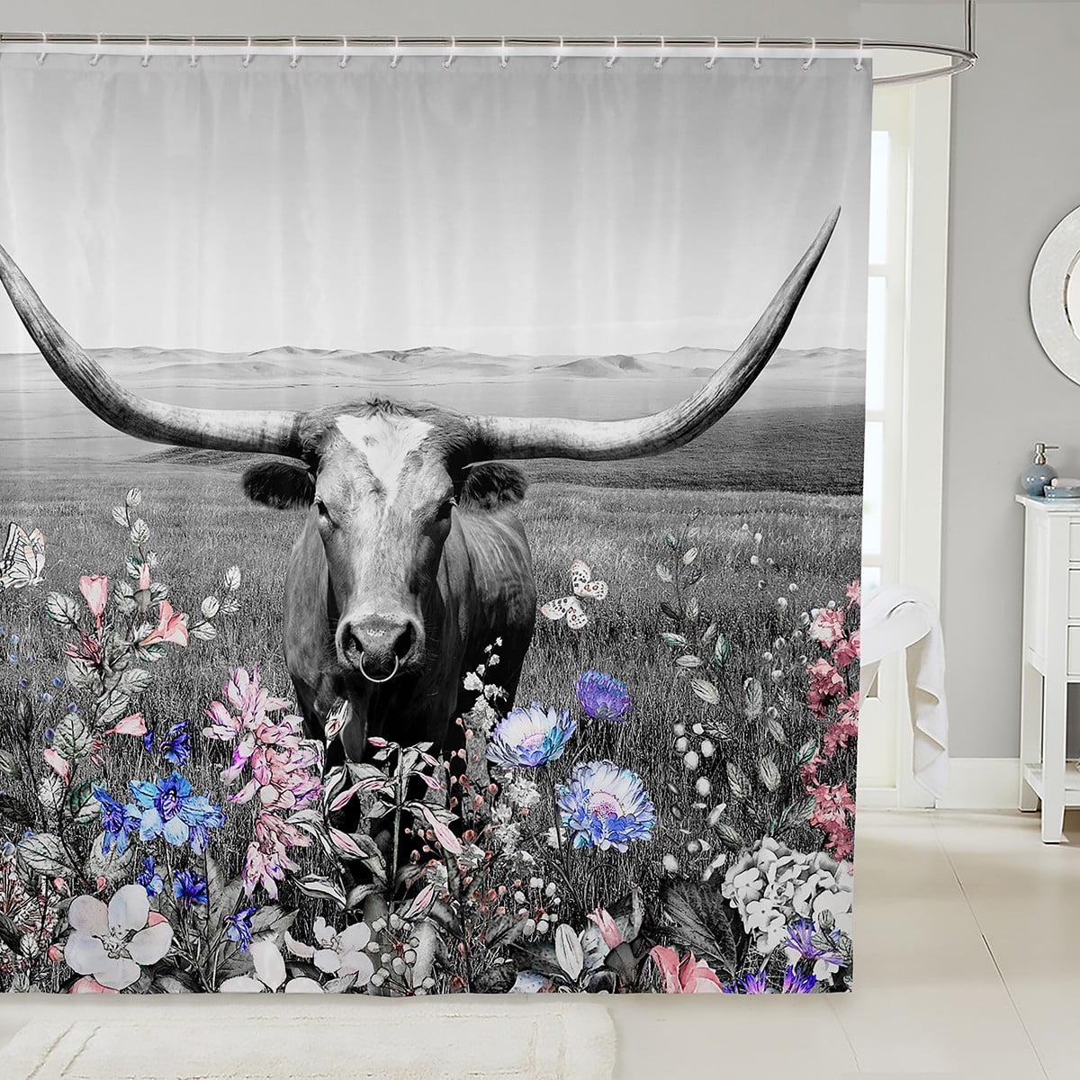 Longhorn Bull Shower Curtain Highland Cow Cattle Bath Curtain,Western Animals Waterproof