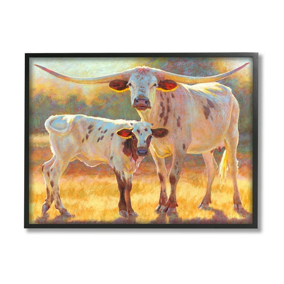 Longhorn & Calf Standing Farm Field Animals & Insects Painting Black Framed Art Print Wall Art