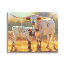Longhorn & Calf Standing Farm Field Animals & Insects Painting Gallery Wrapped Canvas Print Wall Art