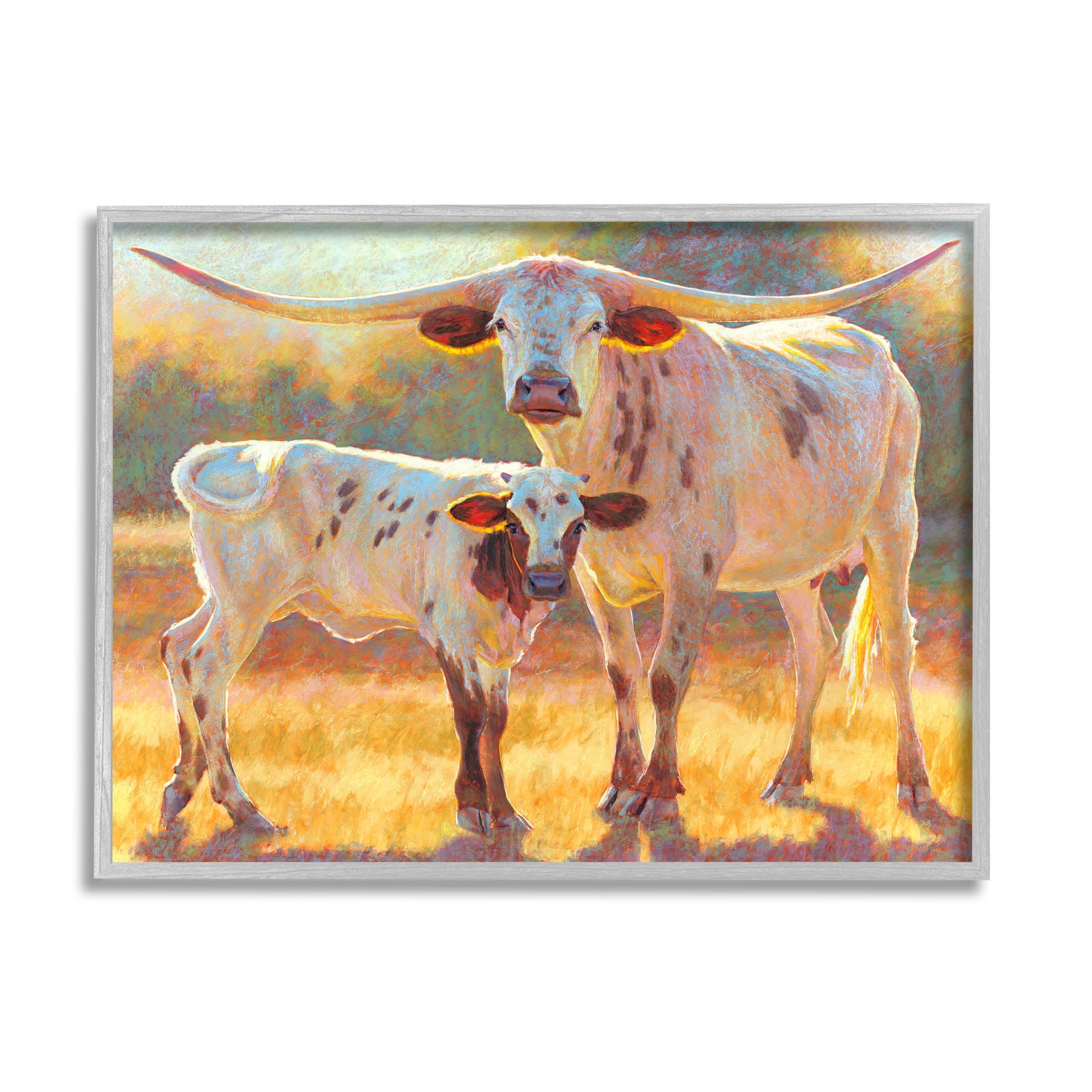 Longhorn & Calf Standing Farm Field Animals & Insects Painting Gray Framed Art Print Wall Art