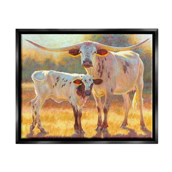 Longhorn & Calf Standing Farm Field Animals & Insects Painting Jet Black Framed Art Print Wall Art
