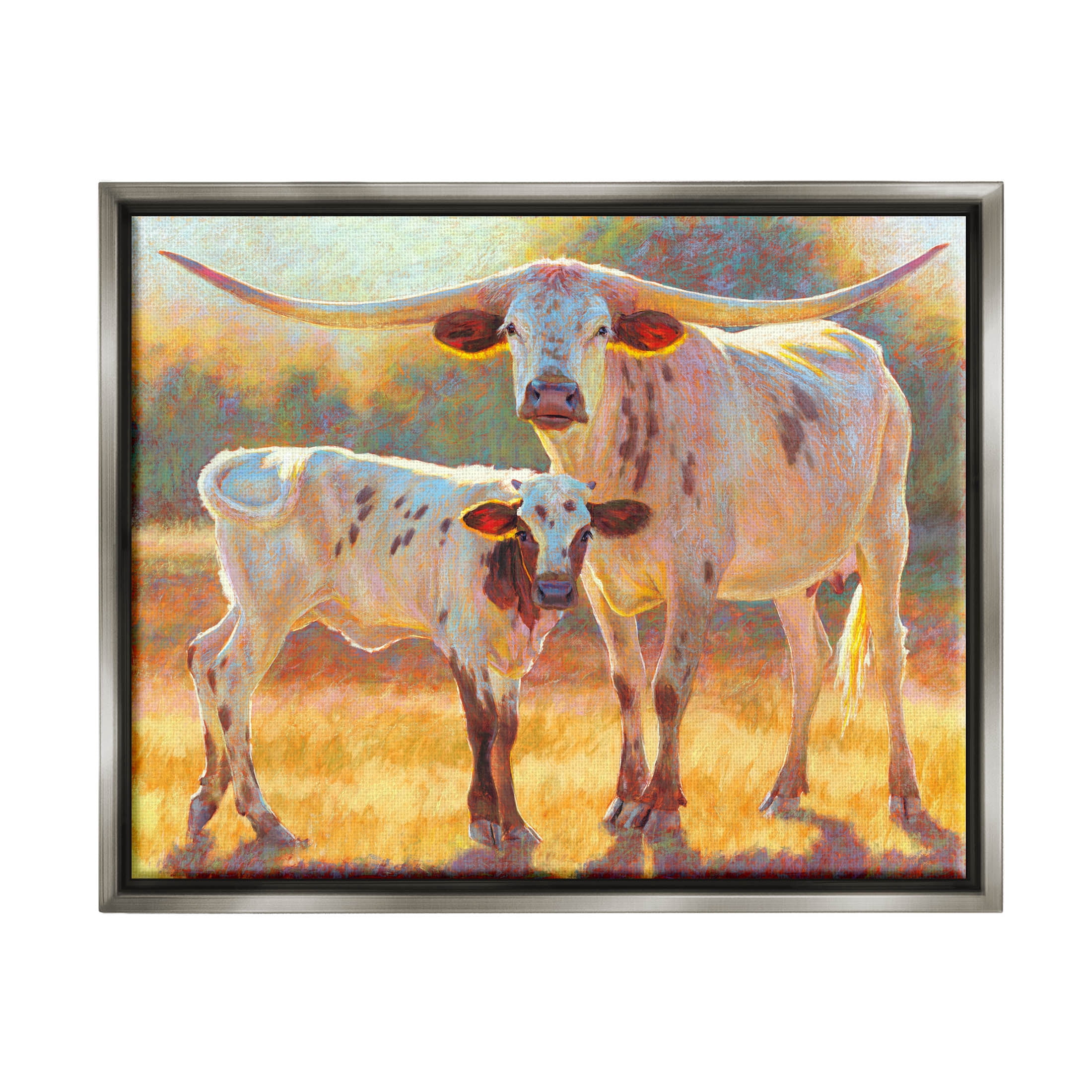 Longhorn & Calf Standing Farm Field Animals & Insects Painting Luster Gray Framed Art Print Wall Art