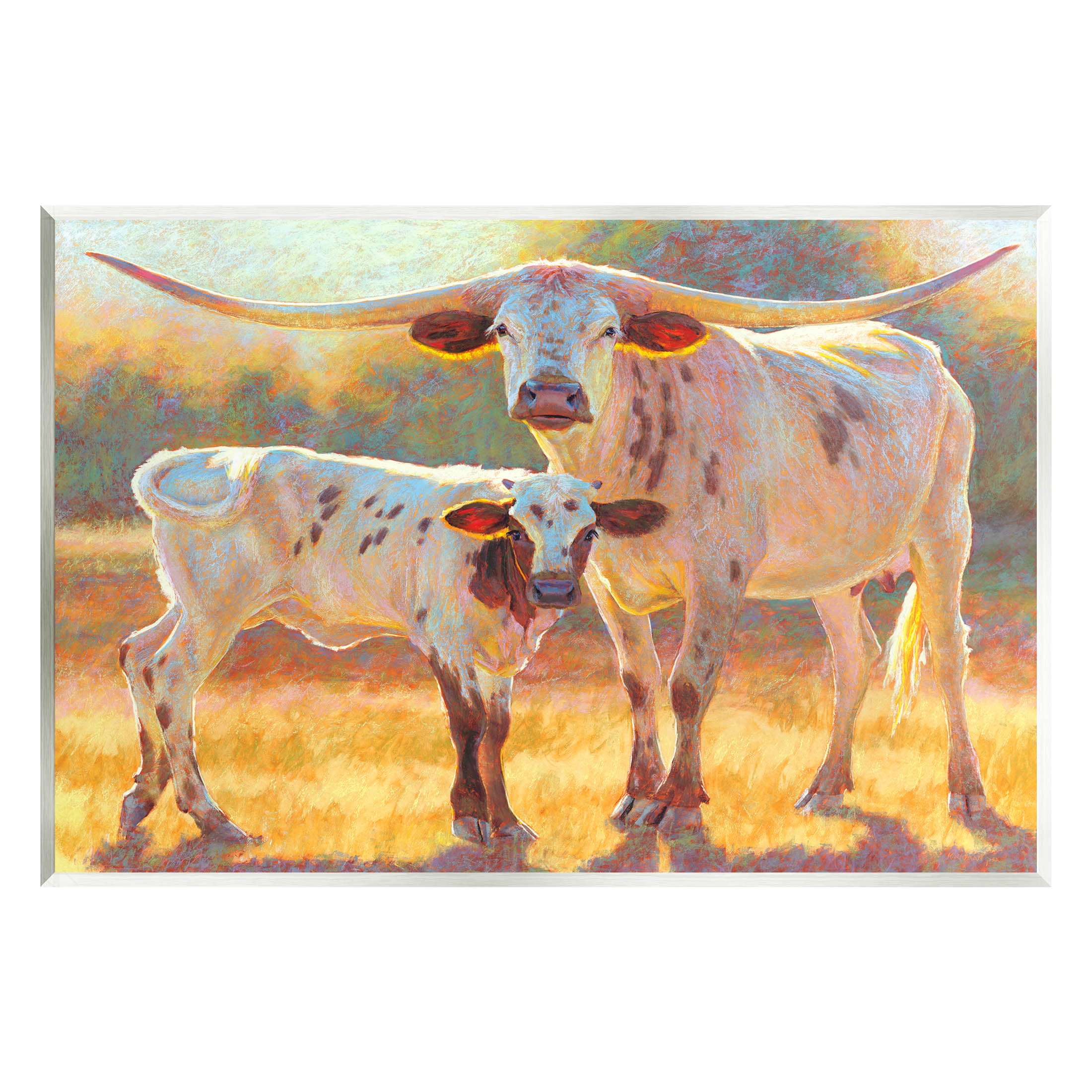 Longhorn & Calf Standing Farm Field Animals & Insects Painting Unframed Art Print Wall Art