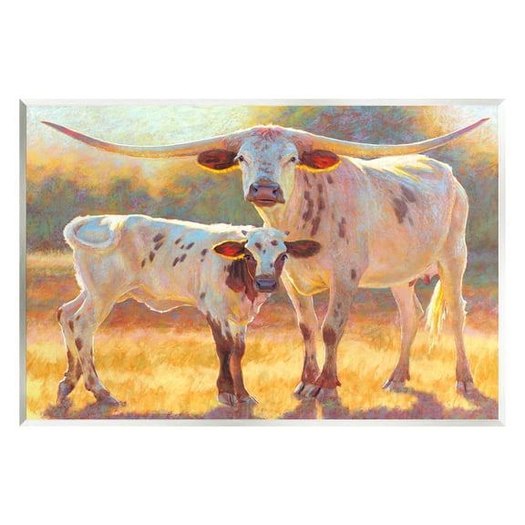 Longhorn & Calf Standing Farm Field Animals & Insects Painting Unframed Art Print Wall Art