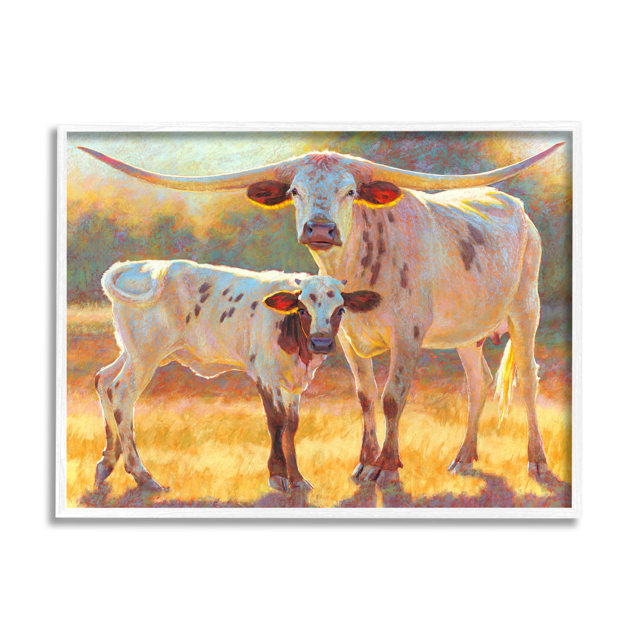 Longhorn & Calf Standing Farm Field Animals & Insects Painting White Framed Art Print Wall Art