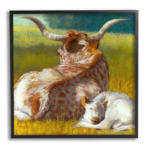 Longhorn Cattle Calf Resting Animals & Insects Painting Black Framed Art Print Wall Art