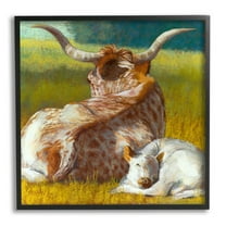 Longhorn Cattle Calf Resting Animals & Insects Painting Black Framed Art Print Wall Art